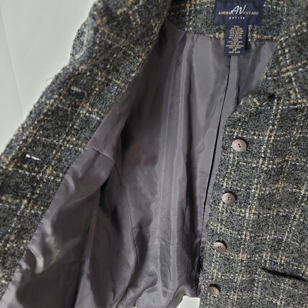 Andrea Viccaro Gray Wool Blend Grid Button Down Blazer Size 6 Petite Career - Picture 3 of 7